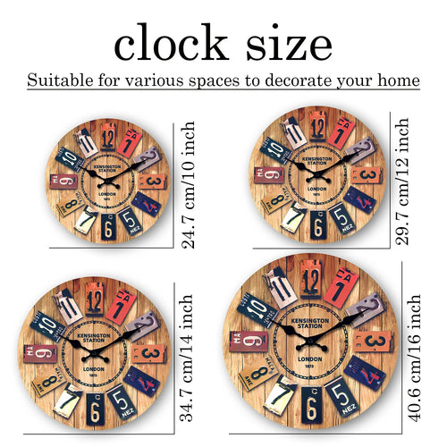 A Creative Retro Wooden Density Board Veneer Decorative Wall Clock, 1873 London Kaiston Station Element Pattern Design Wall Clock, Silent Silent Quartz Clock, Living Room Bedroom, Room Decoration, Mental Home Decoration, Birt - vue 4 sur 7