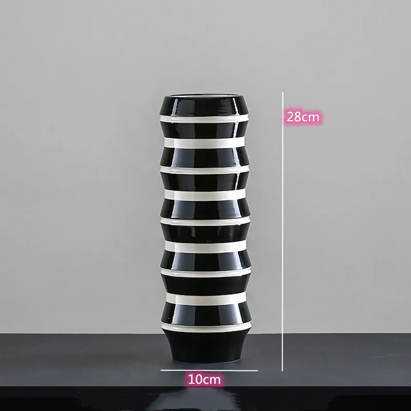 Black and White Striped Ceramic Vase, Flower Pot Decoration, Home and Living Room Decoration, Creative Geometric Striped Vase - vue 18 sur 18