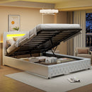Upholstered Bed, Double Bed, PU Bedside Lamp, Hydraulic Functional Storage Bed, Headboard and Slatted Base, Padded Backrest
