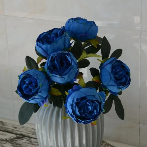 7 Heads Artificial Peony Bouquets Wedding Flowers Arrangement,Blue Red White Silk Peonies Flower Home Office Table Decoration - vue 2 sur 9