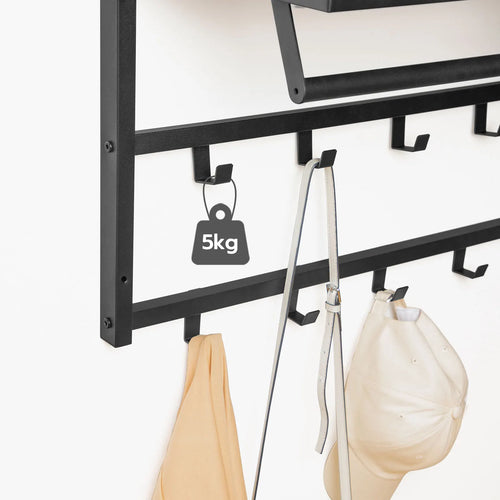 Wall Mounted Coat Rack with Shelf, Wall Shelf with 10 Hooks and Rods, Wall Mounted Hanging Shelf for Hallway Living Room - vue 6 sur 7