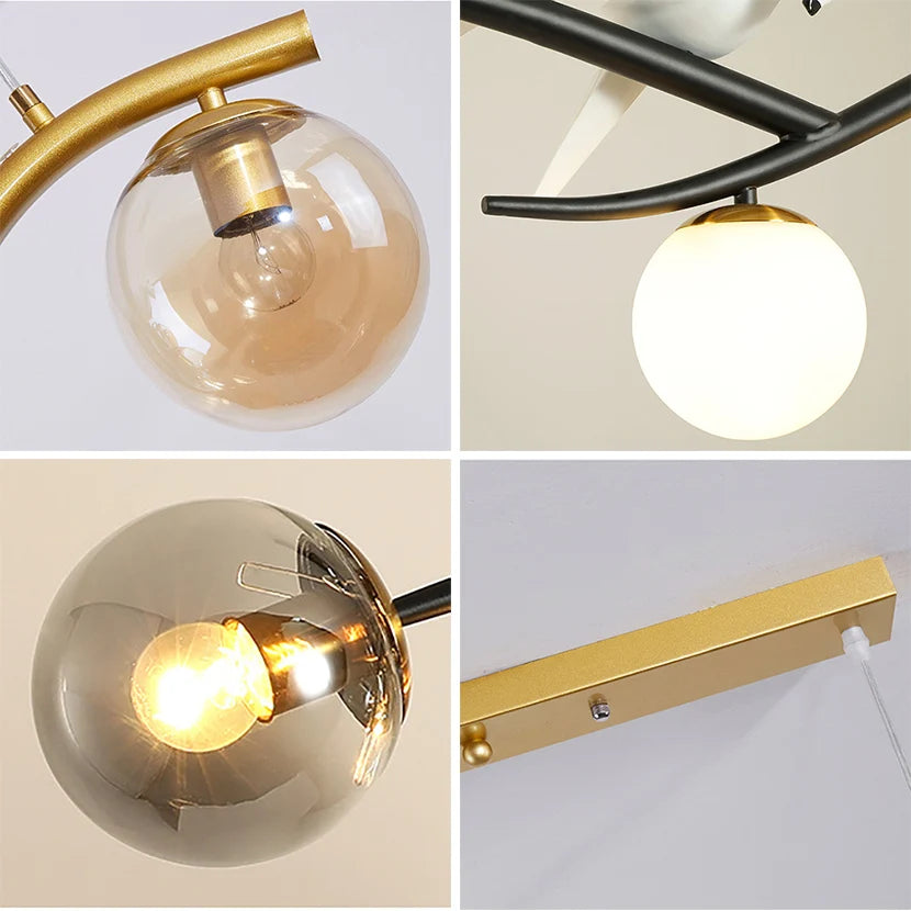 lustre en fer avec oiseau et boule de verre suspendue - vue 6 sur 12