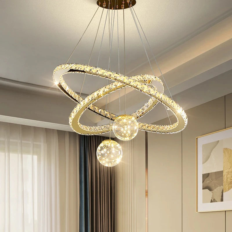 lustre led moderne en cristal doré anneau étoile boule de verre - vue 4 sur 13