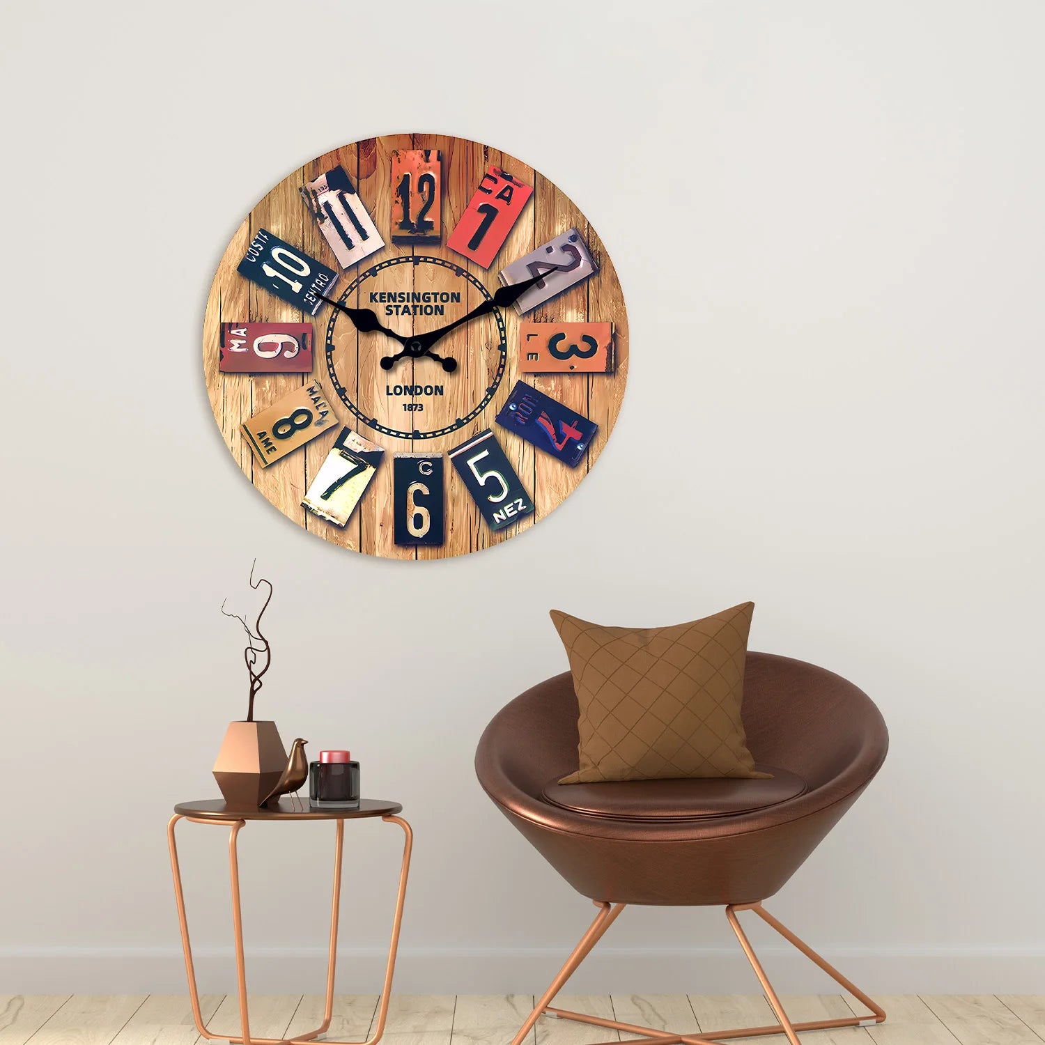 A Creative Retro Wooden Density Board Veneer Decorative Wall Clock, 1873 London Kaiston Station Element Pattern Design Wall Clock, Silent Silent Quartz Clock, Living Room Bedroom, Room Decoration, Mental Home Decoration, Birt - vue 2 sur 7