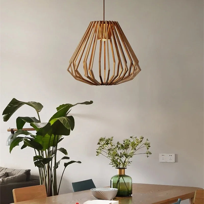 Nordic Wooden Cage Chandelier For Living Room Dining Study Modern Solid Wood Art Led Lamp Indoor Lighting Home Decor - vue 7 sur 8