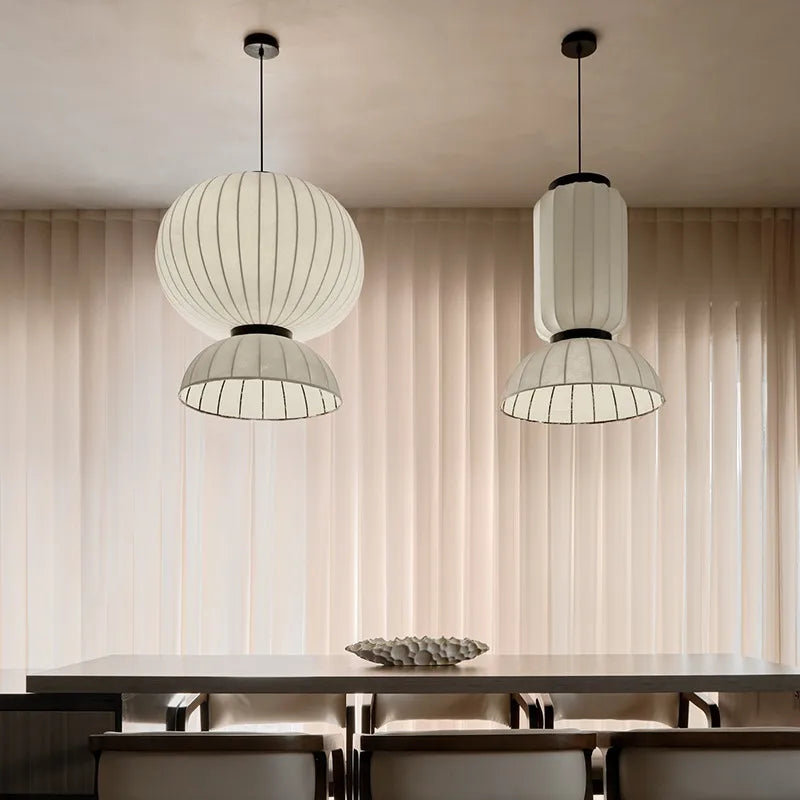 Lustre boule ovale en tissu style soie japonaise design - vue 4 sur 8
