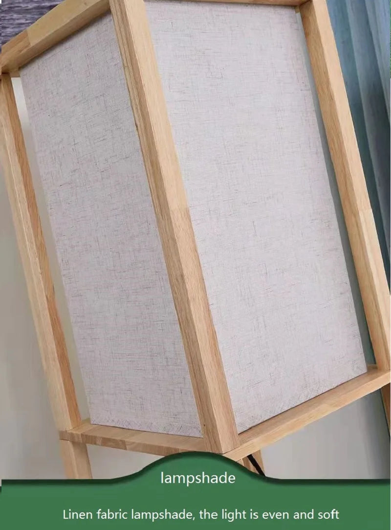 lampadaire LED étagère de rangement Nordic tissu bois massif lampe sur pied pour salon chambre bibliothèque fleur support interrupteur à tirer - vue 6 sur 7