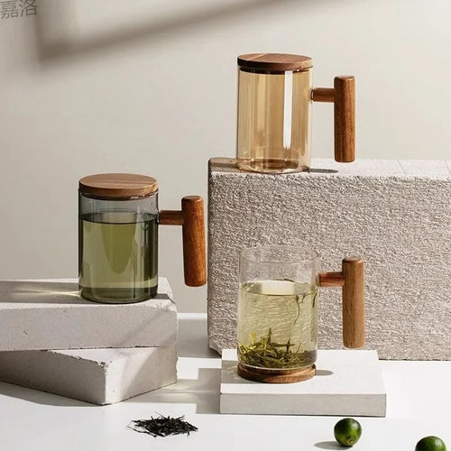 tasse en verre borosilicate avec poignée en bois et couvercle - vue 4 sur 8