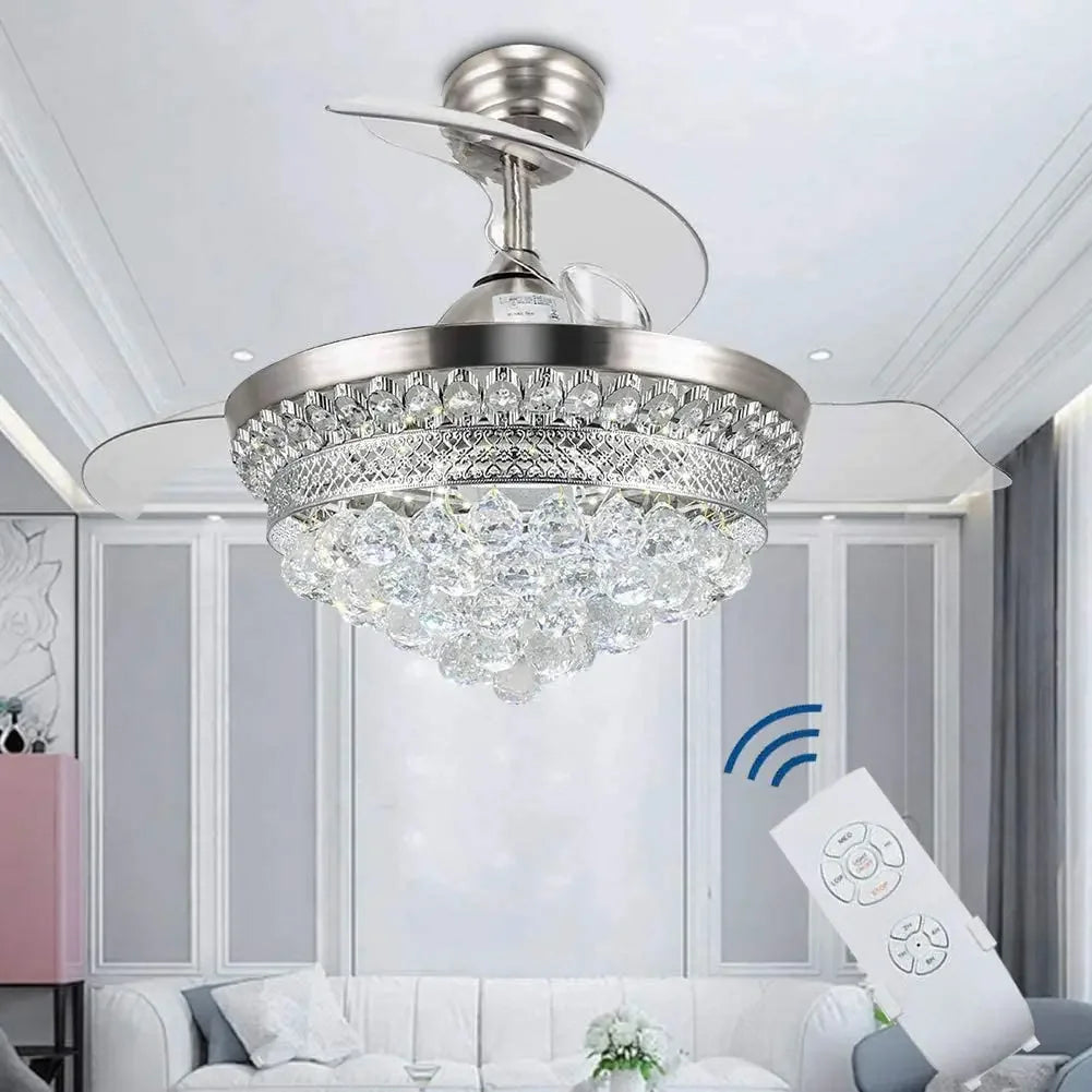 lustre ventilateur chromé en cristal avec lumière led changeante - vue 3 sur 8