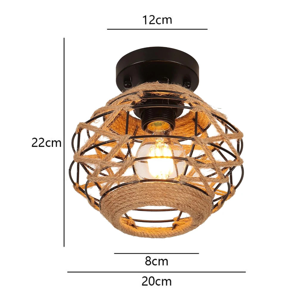 Retro metal ceiling light with hemp rope for vintage interiors - vue 15 sur 15
