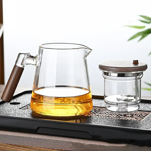 Theiere verre pression kungfu paresseux poignee bois infuseur