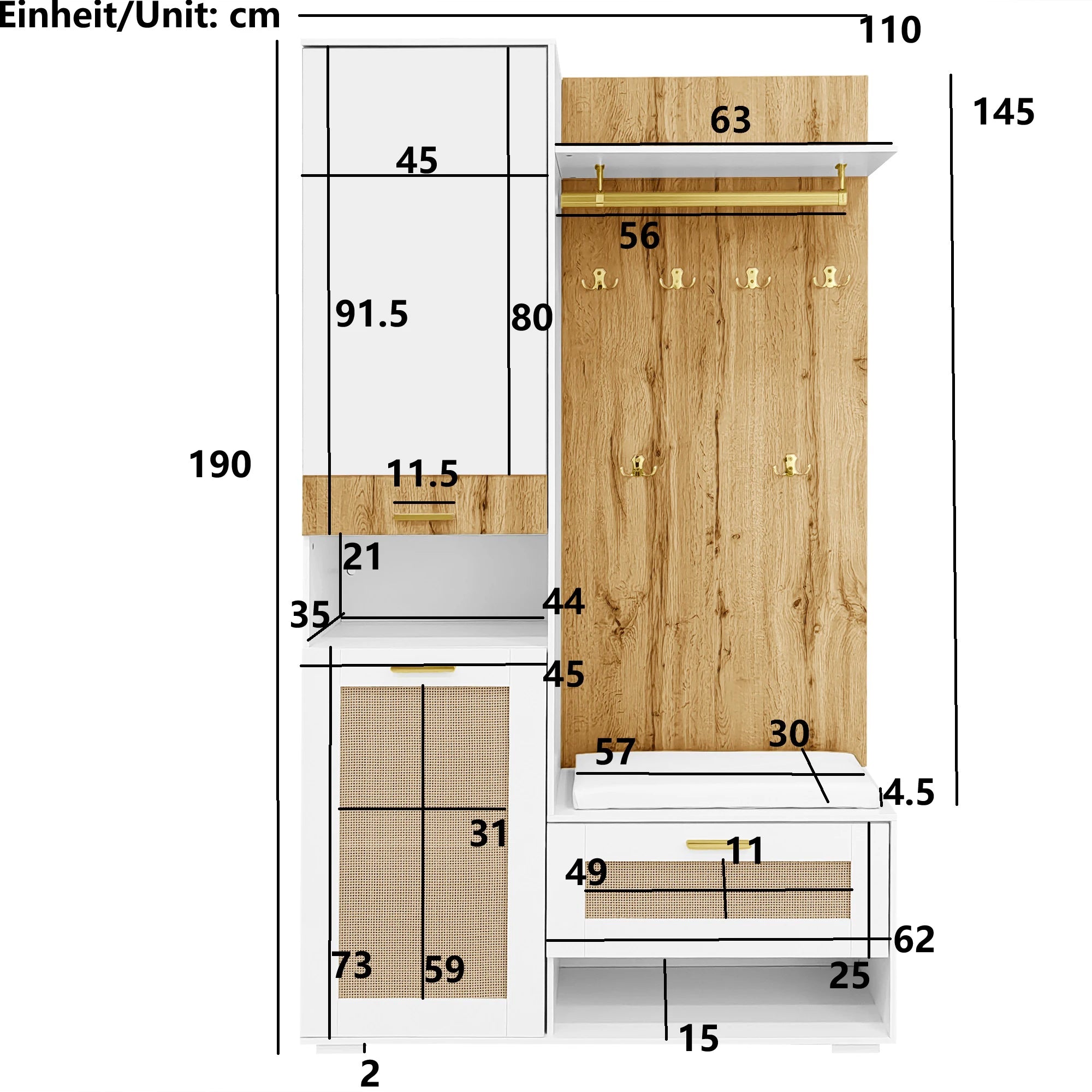 Wardrobe set, wardrobe set with mirror, 5 gold dresses hooks, shoe cabinet, wall wardrobe, top storage compartment, bench seat - vue 4 sur 6