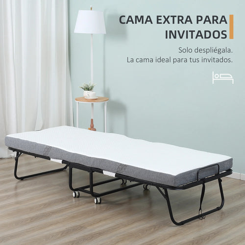 HOMCOM folding bed 200x80x42,5 cm with single mattress wheels living room office - vue 3 sur 6
