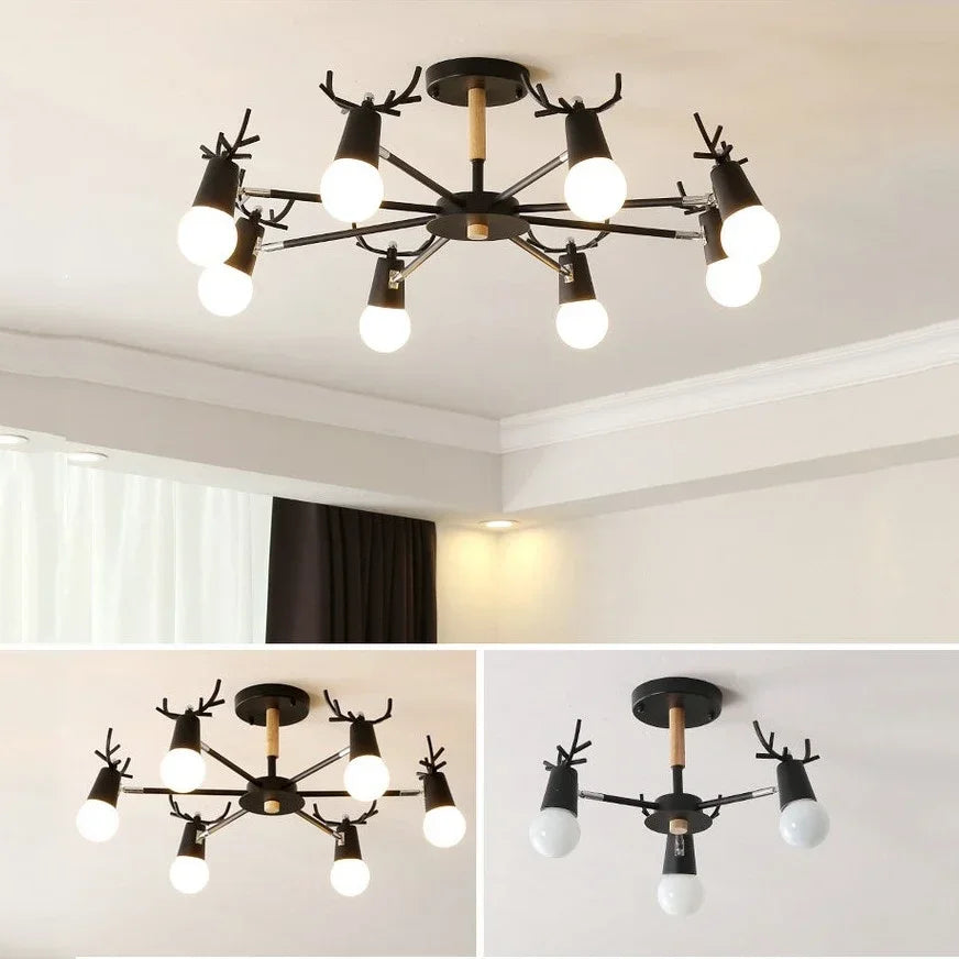 lustre led en fer et bois forme cerf pour décoration intérieure - vue 5 sur 12