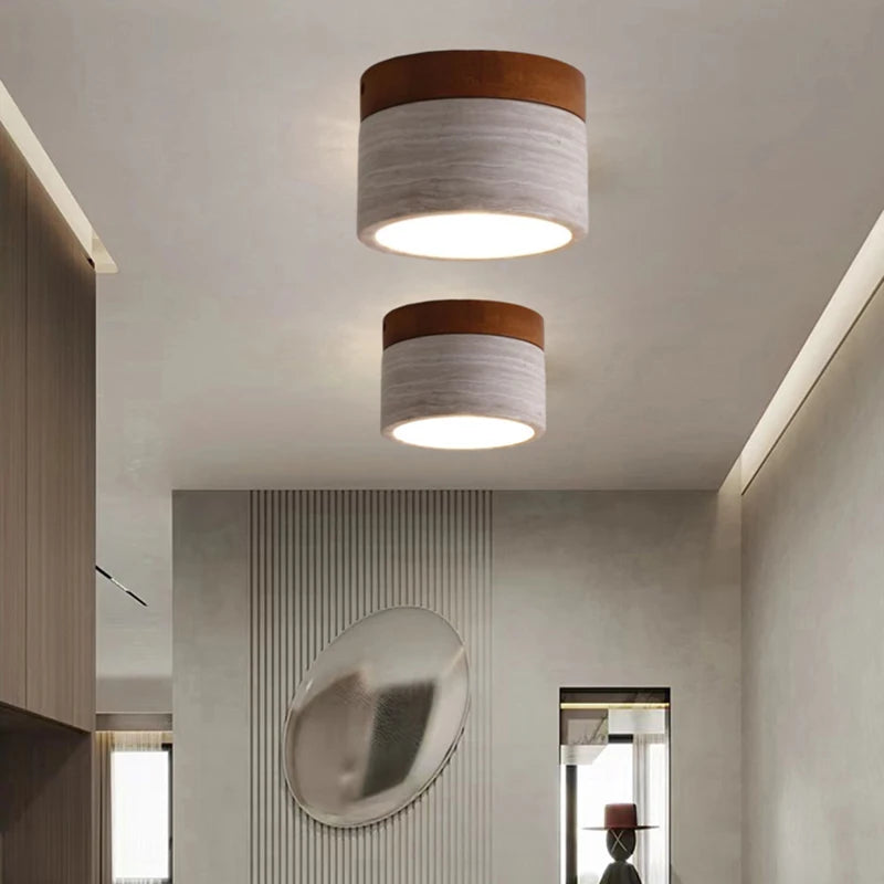 plafonnier minimaliste en marbre naturel et bois foncé - vue 4 sur 7