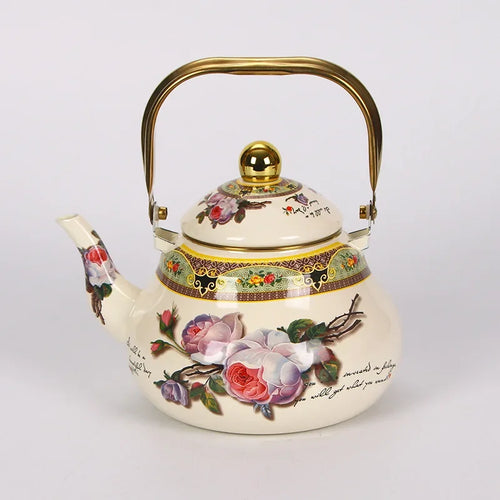 Bouilloire vintage email motif fleuri poignée dorée 15l