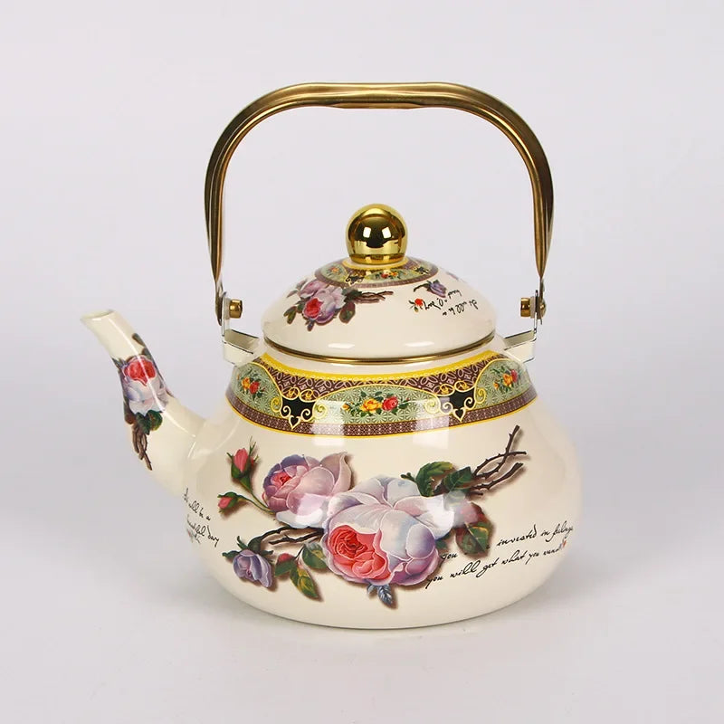 Bouilloire vintage email motif fleuri poignée dorée 15l