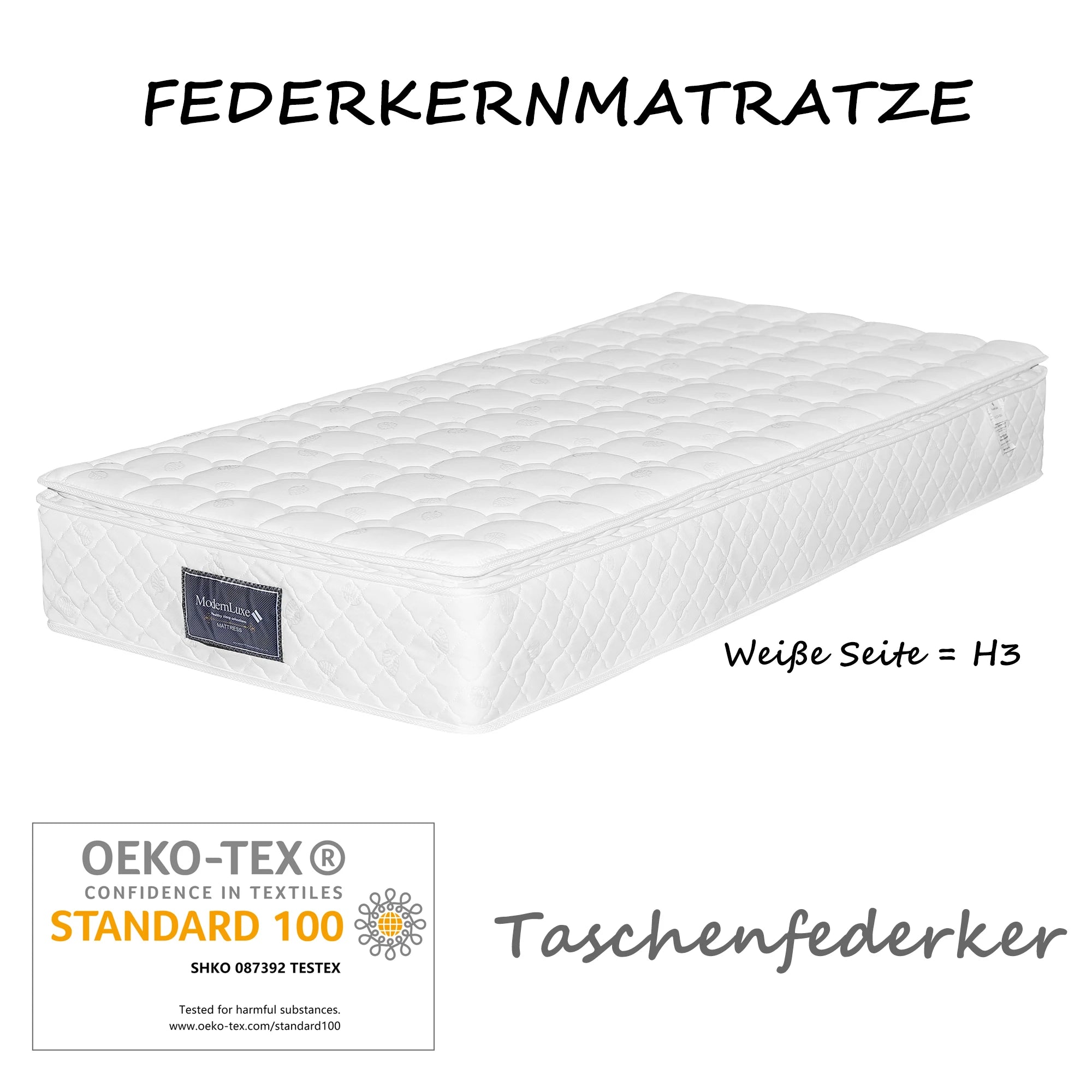 VSOGA spring core mattress, 7 zones cold foam mattress, 90x200cm, 100% Oeko-Tex, hardness H3, 25cm height, 100 Nights sample sleep - vue 4 sur 6