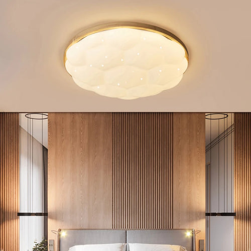 Minimalist nordic LED ceiling light in acrylic and wood, pumpkin shape - vue 5 sur 12