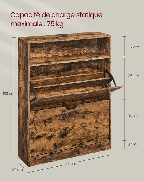 VASAGLE Shoe Cabinet 2 Flip Doors, 3 Tier Shoe Rack, with 1 Open Compartment, Adjustable and Removable Divider, for 11-16 Pairs - vue 7 sur 8