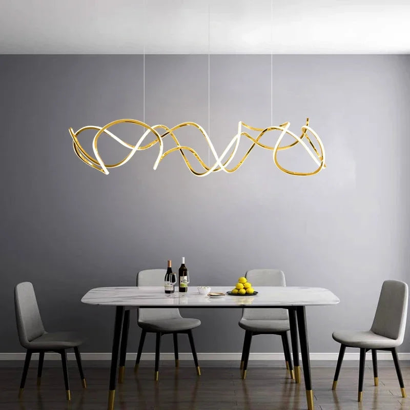 Minimalist modern stainless steel chandelier with decorative waves - vue 5 sur 7