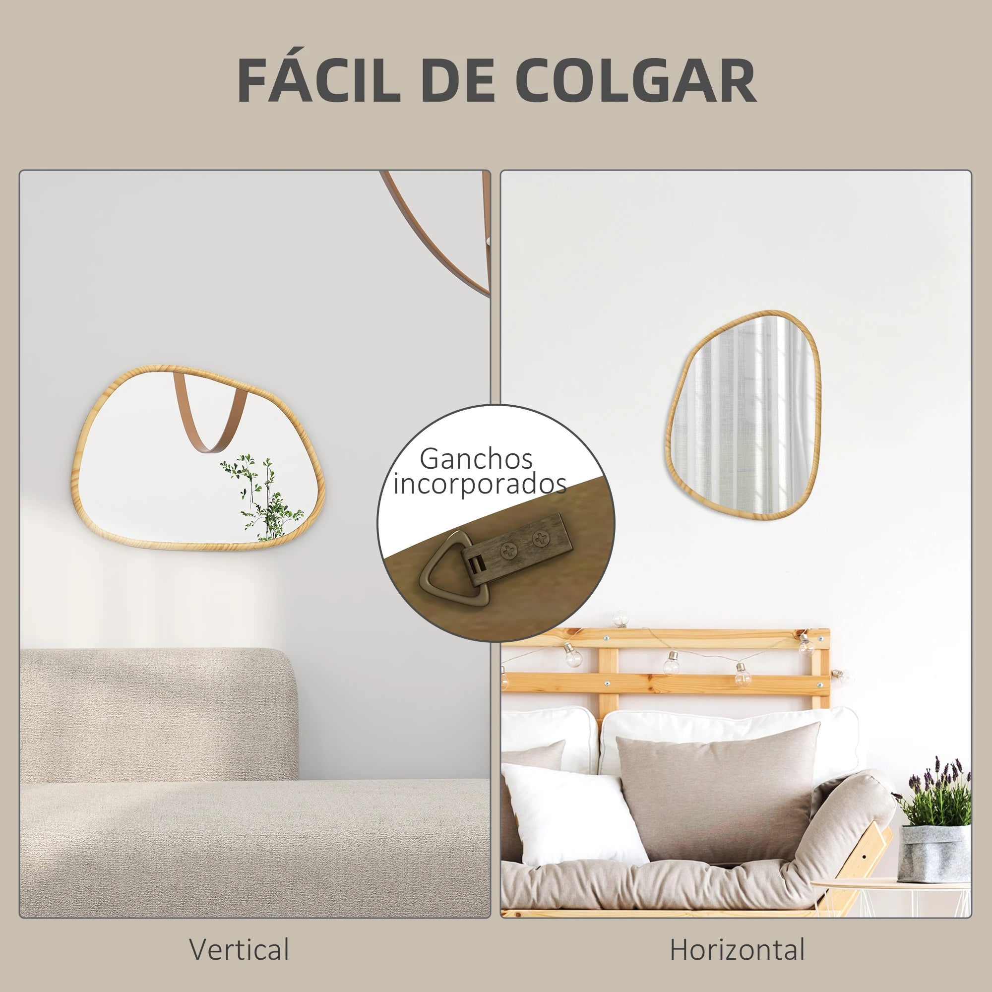 miroir mural homcom forme irrégulière cadre en bois naturel - vue 7 sur 7