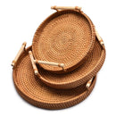 HEMU-Round Rattan Tray, Storage Basket, Tray with Wooden Handle, Bread, Fruit, Cake, Food Plate, Serving Tray for Home Kitchen