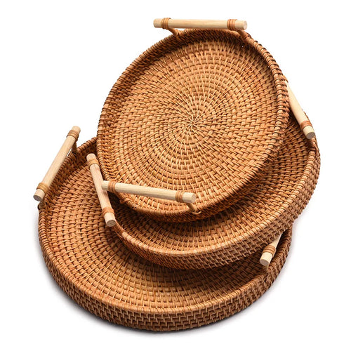 HEMU-Round Rattan Tray, Storage Basket, Tray with Wooden Handle, Bread, Fruit, Cake, Food Plate, Serving Tray for Home Kitchen - vue 5 sur 8