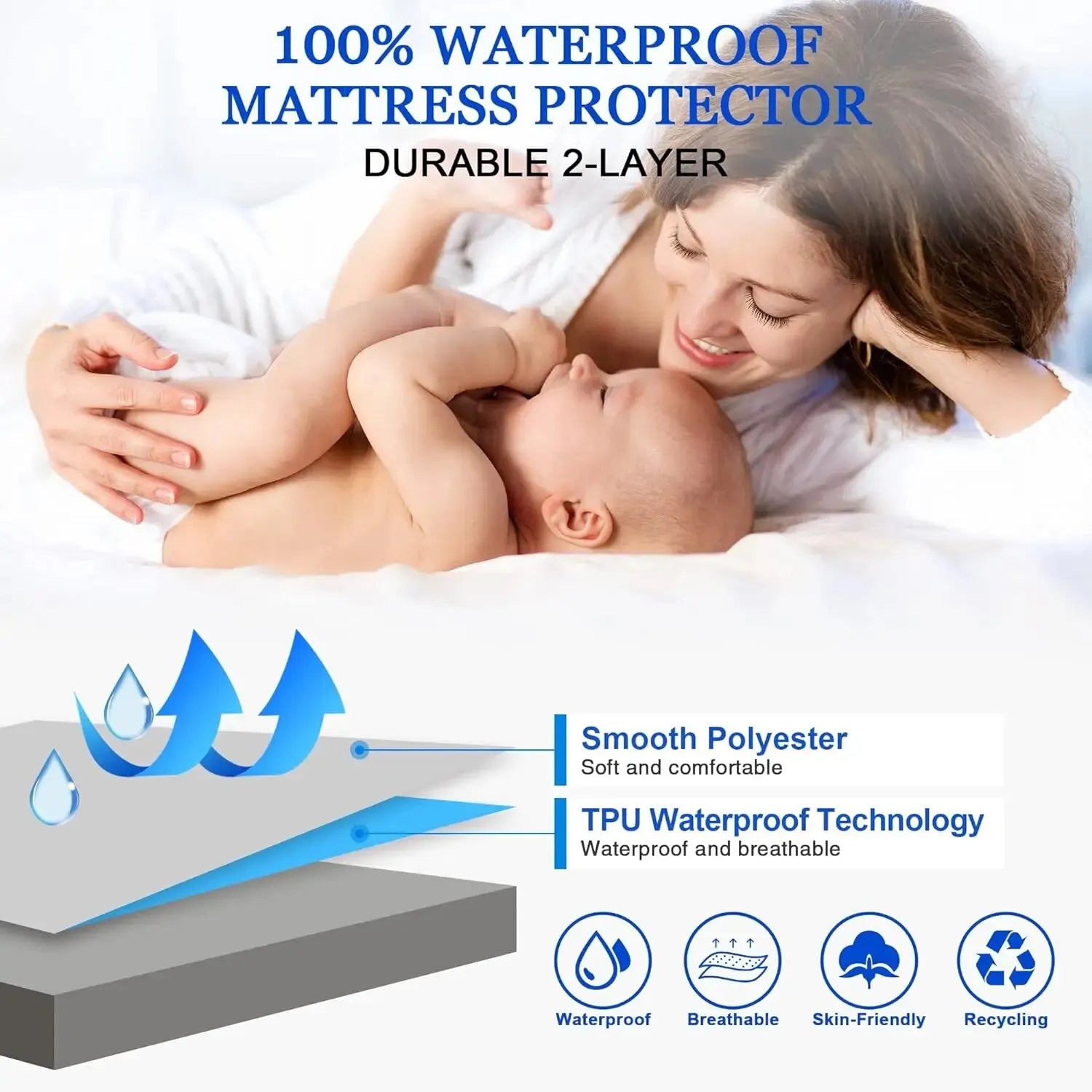 Safe Waterproof Mattress Protector, Soft Comfortable Breathable Solid Color Bedding Mattress Cover Fitted, Machine Washable - vue 4 sur 14
