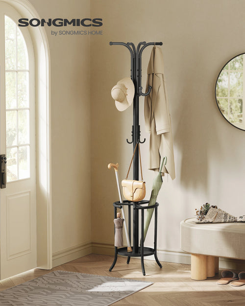 SONGMICS Coat Rack Freestanding, Coat Stand with Umbrella Holder, 12 Hooks, Metal, 175 cm Tall, for Entryway, Hallway - vue 2 sur 8