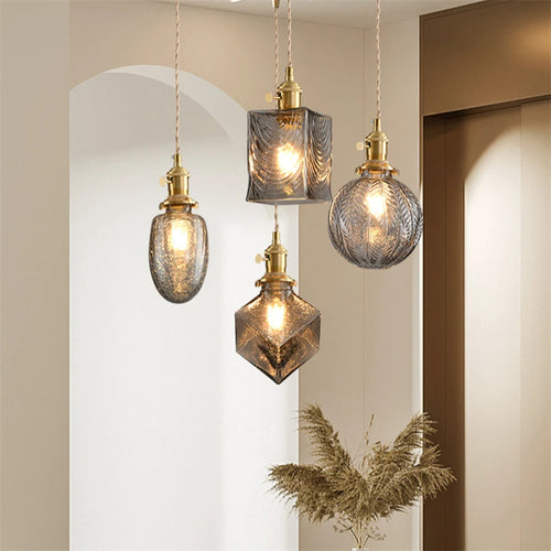 suspension vintage avec interrupteur et abat-jour en verre cristal - vue 2 sur 22