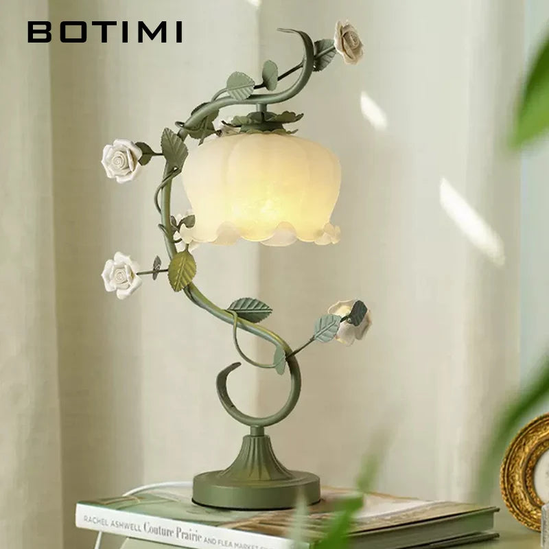 lampe table rétro verre fleur décorative maison - vue 3 sur 8