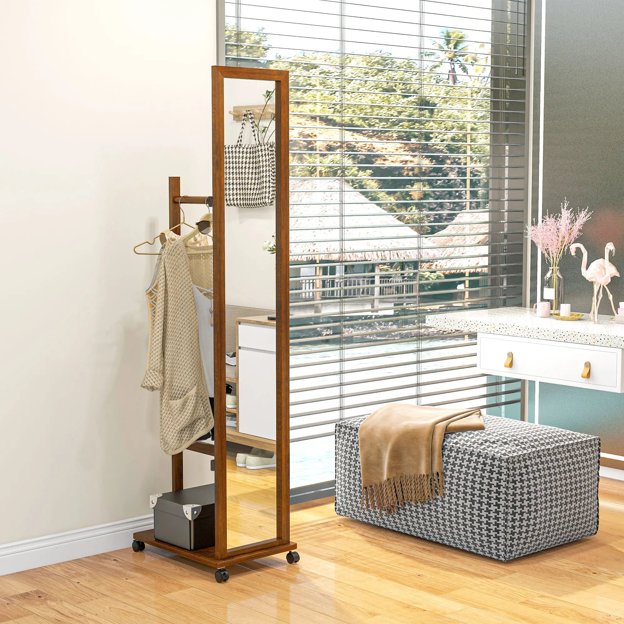 HOMCOM full body mirror with wheels bar shelf 35,5x49,5x167,8 cm Walnut - vue 2 sur 7