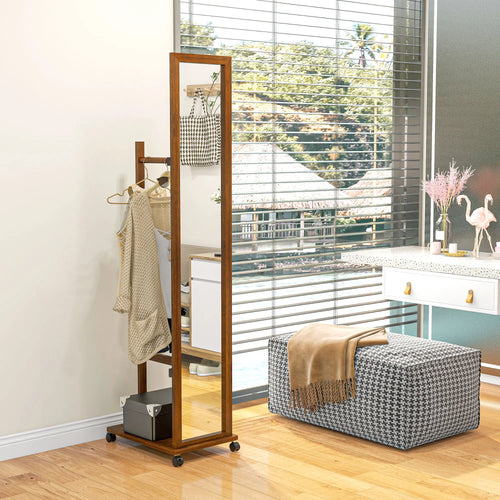 HOMCOM full body mirror with wheels bar shelf 35,5x49,5x167,8 cm Walnut - vue 3 sur 7
