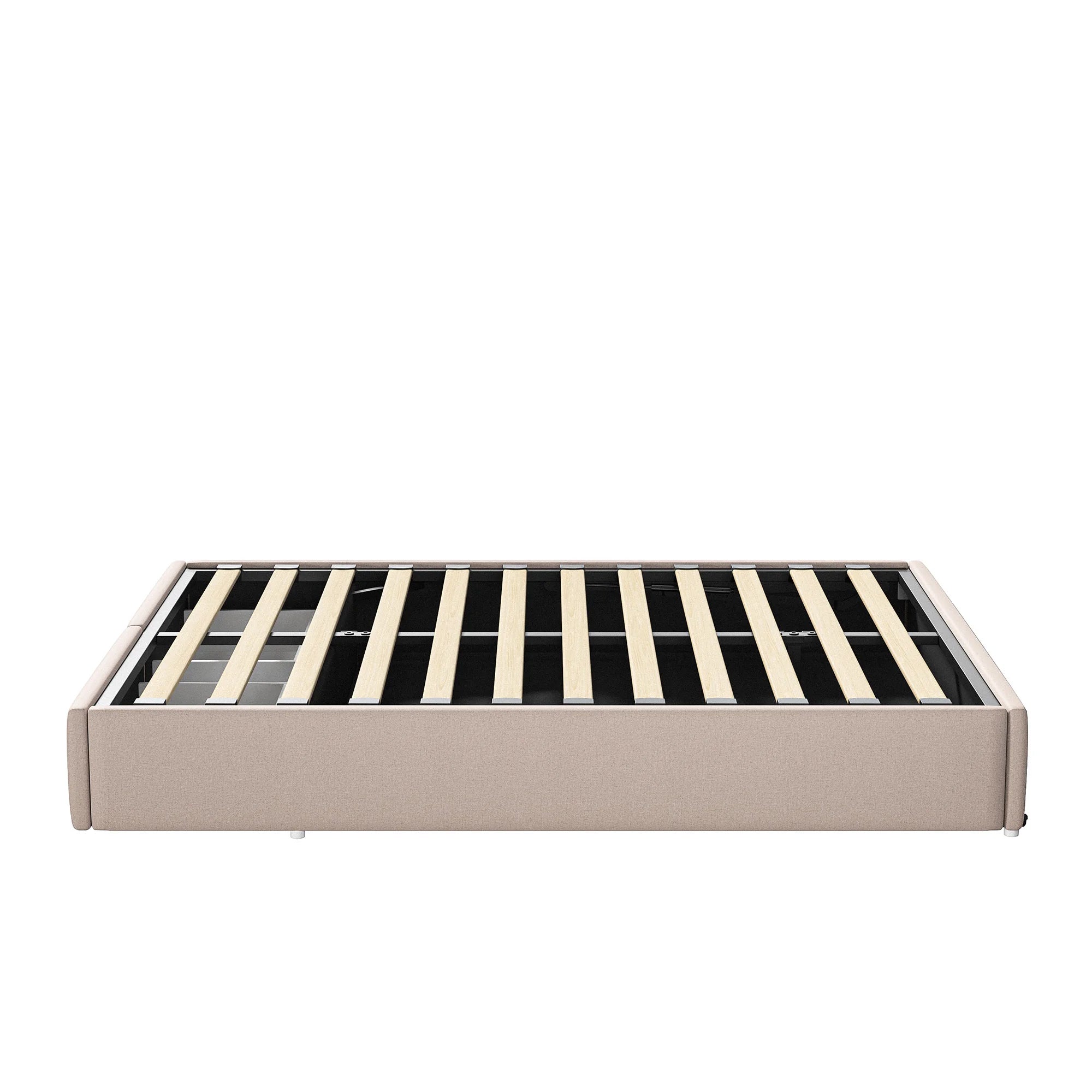 Upholstered Bed, Linen Fabric, without Headboard, Storage Bed, with Slatted Frame and 2 Storage Drawers, Beige, 140 x 200 cm