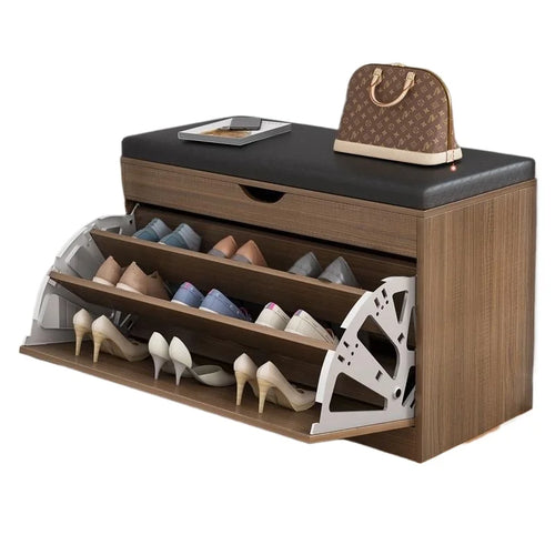 Home Shoe Cabinet with Bench, Anti-Dust Shoe Storage Bench, Multi-Layer Wooden Organizer with Cushion and Stable Structure - vue 6 sur 13