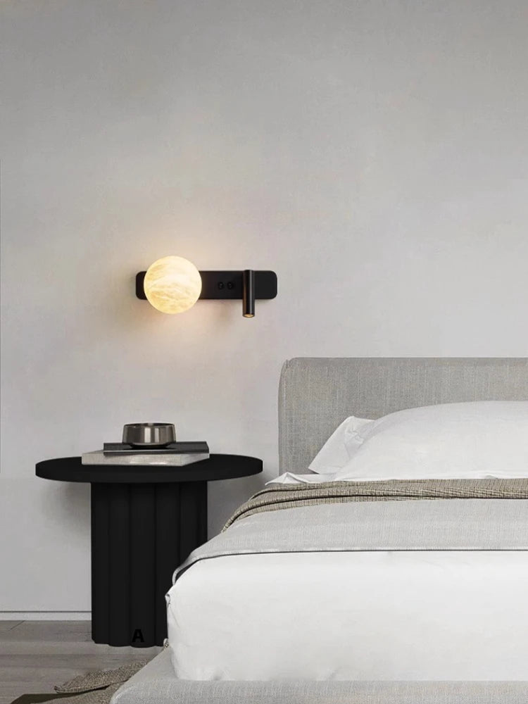 Modern Minimalist Black Rotatable All Copper Natural Marble Wall Lamp, Bedroom Bedside Lamp, Light Luxury Living Room Wall Lamp