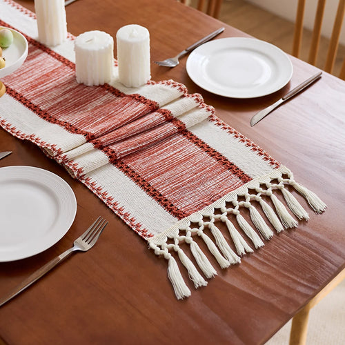 Chemin de table boheme rayures rouge beige pompons - vue 8 sur 7