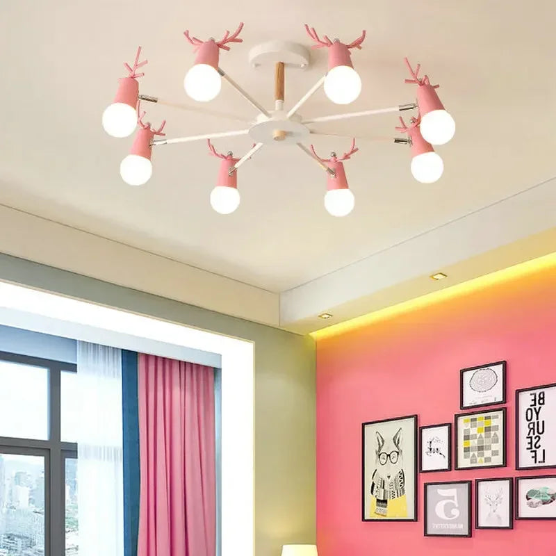 lustre led en fer et bois forme cerf pour décoration intérieure - vue 3 sur 12