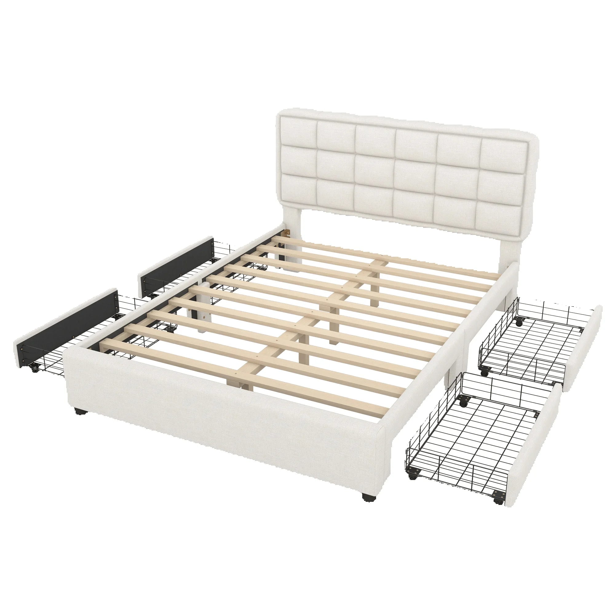 Upholstery bed, 140x200cm, bed with slatted frame (without mattress), bed with four drawers, minimalist style, linen, beige