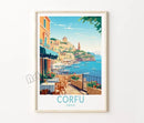 affiche rétro de voyage château et île de santorin décor mural