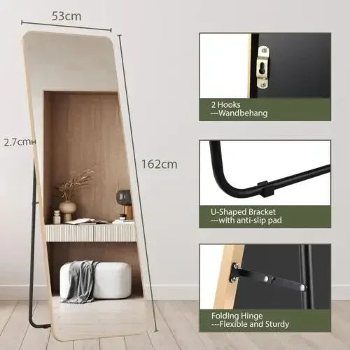 Full Length Mirror 162x53cm Full Body Mirror Rectangle Free Standing Wall Mounted Leaning Hanging Floor Mirrors, Black/Gold - vue 9 sur 12