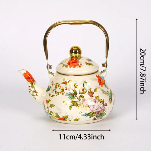 Bouilloire email vintage florale poignée dorée 1 5l