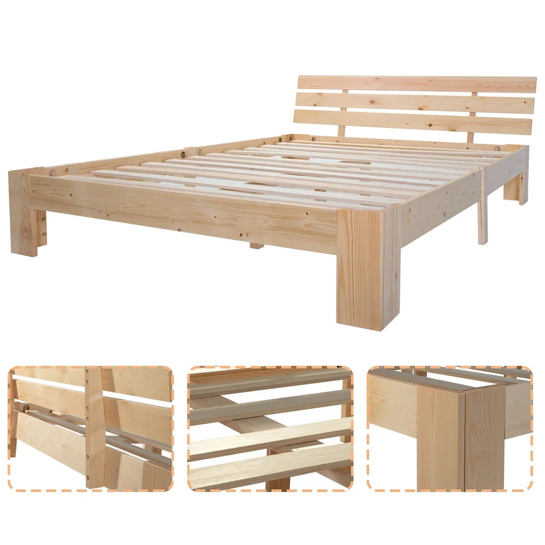 EU STOCK Wooden bed Double bed, headboard, slatted grille -200 x 140cm solid wood FSC Solid wood double bed - vue 4 sur 8