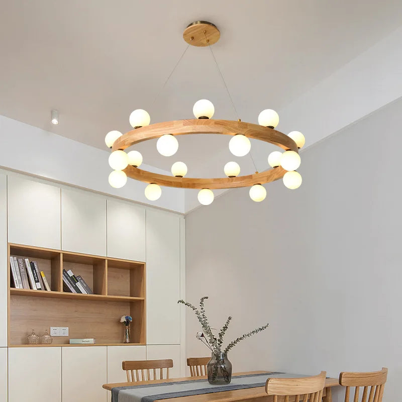 lustre nordique en bois rond créatif japonais - vue 2 sur 13