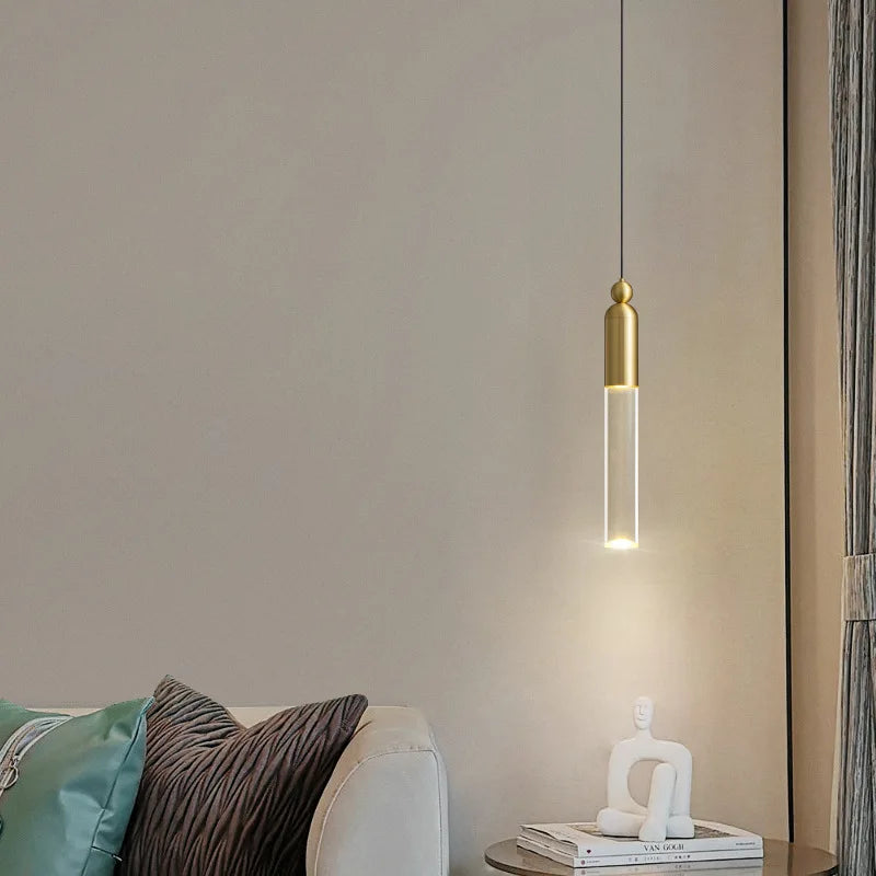 lustre led cylindrique en cuivre et acrylique transparent - vue 3 sur 8