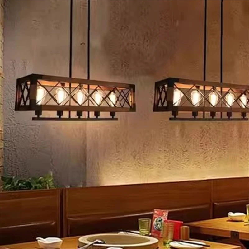lustre vintage en bois style industriel pour bar et restaurant - vue 4 sur 6