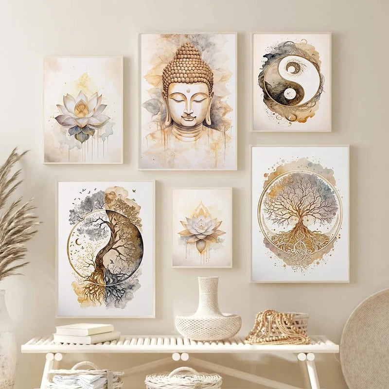 impression toile arbre de vie nordique et bouddha art mural spirituel