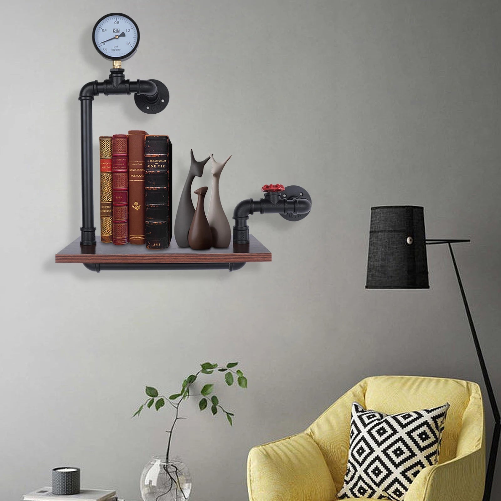 étagère murale rétro en bois style industriel pour livres - vue 3 sur 6