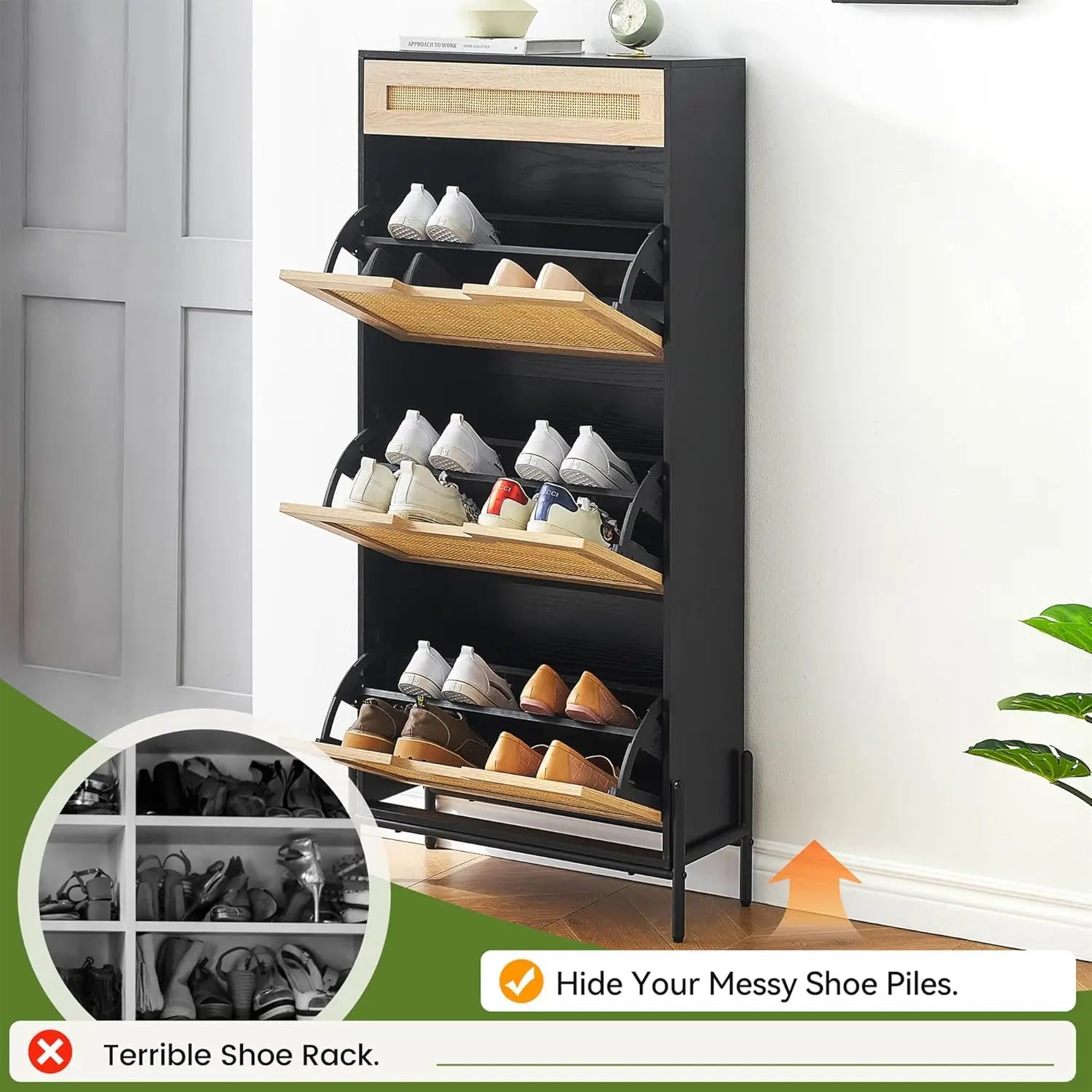 Natural Rattan Storage Cabinet with 2 Flip Door 1 Drawer Freestanding Entrance Shoe Cabinet, Modern Narrow Entry Way Cabinet